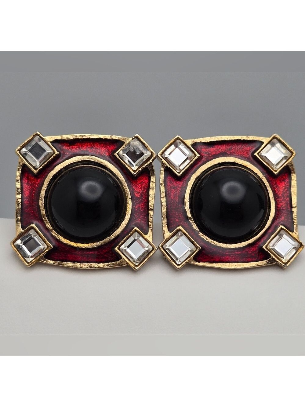 Vintage Craft Black Cabochon Red Enamel Rhinestone Clip On Earrings